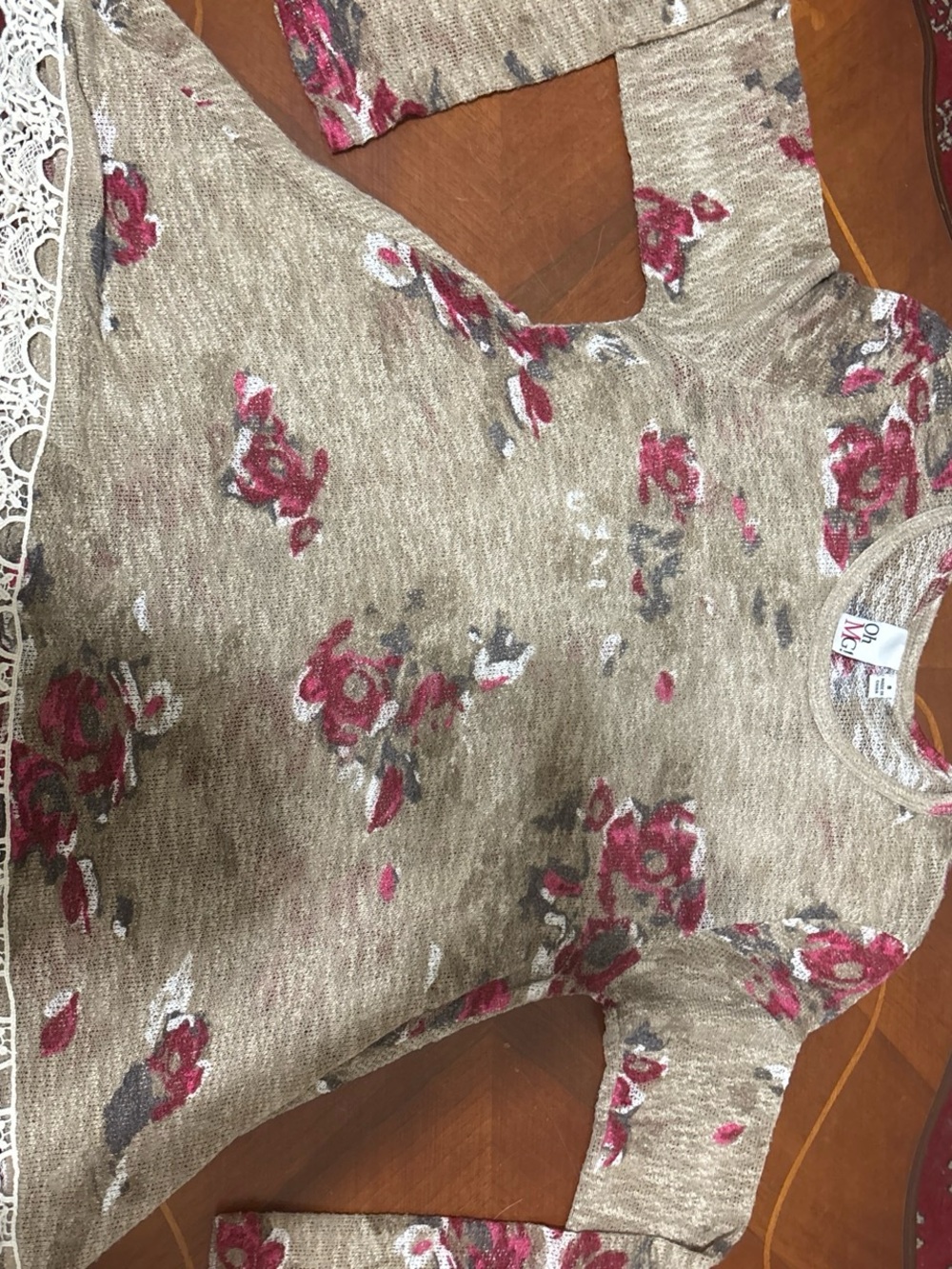 Floral Knit Sweater in Beige with Pink Accents